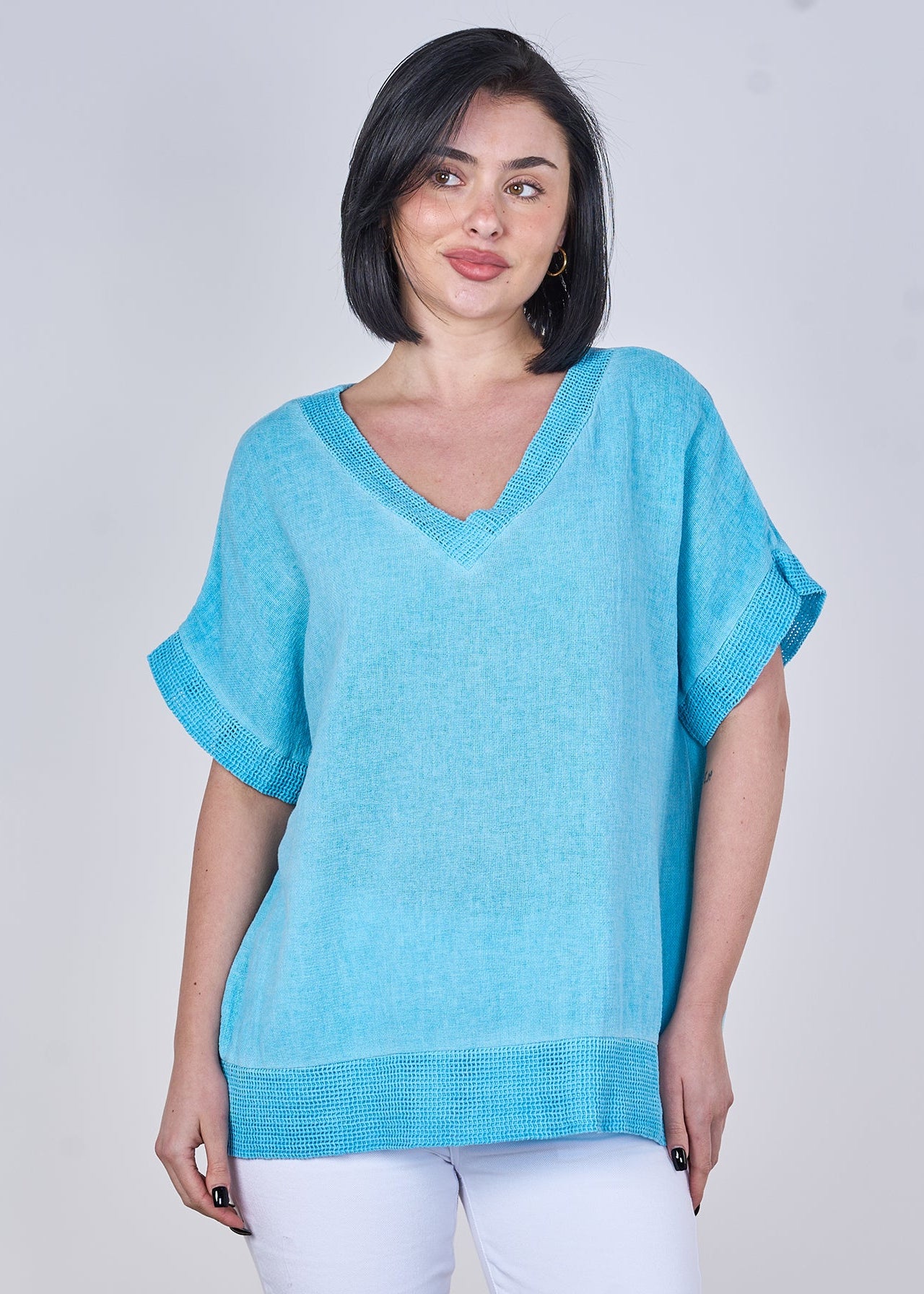 WASHED LINEN V-NECK MESH EDGED TOP
