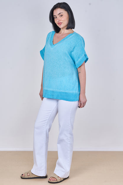 WASHED LINEN V-NECK MESH EDGED TOP