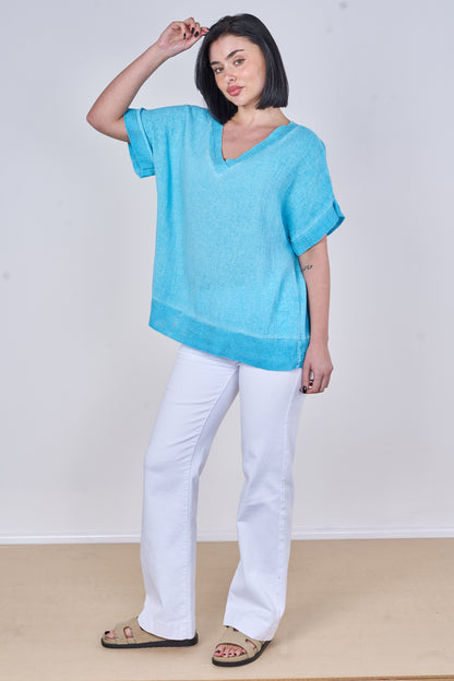 WASHED LINEN V-NECK MESH EDGED TOP