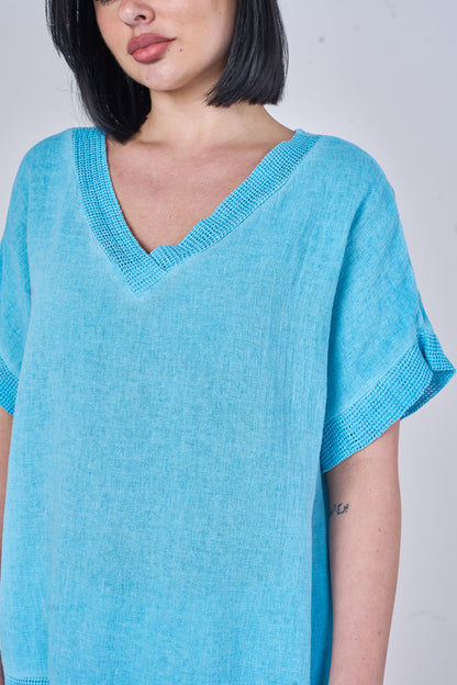 WASHED LINEN V-NECK MESH EDGED TOP
