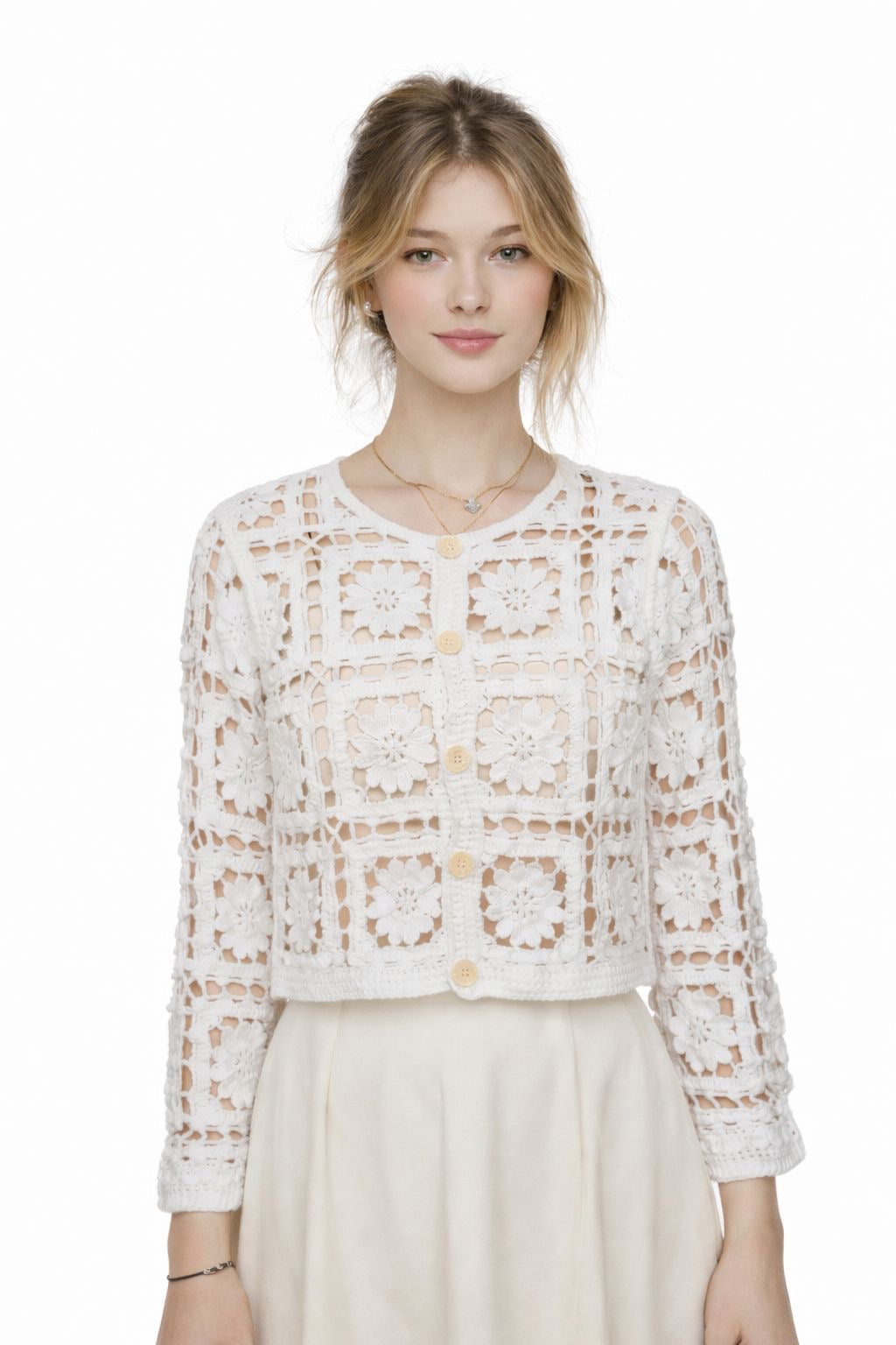 FLORAL SCOOP NECK BUTTONS CROCHET TOP