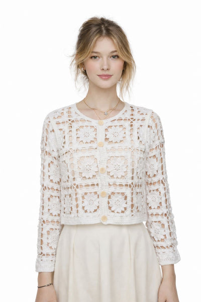 FLORAL SCOOP NECK BUTTONS CROCHET TOP