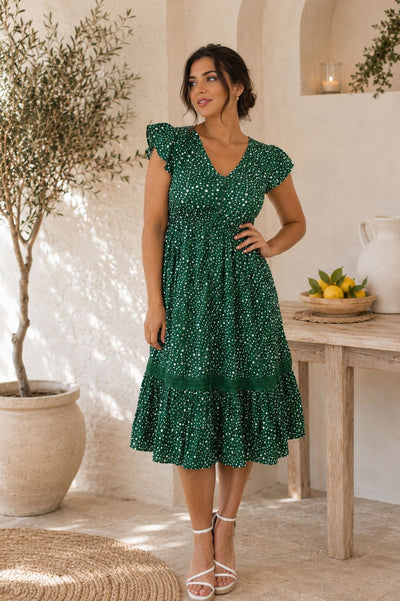 POLKA DOT LACE CAP SLEEVE MIDI DRESS [PK-6]
