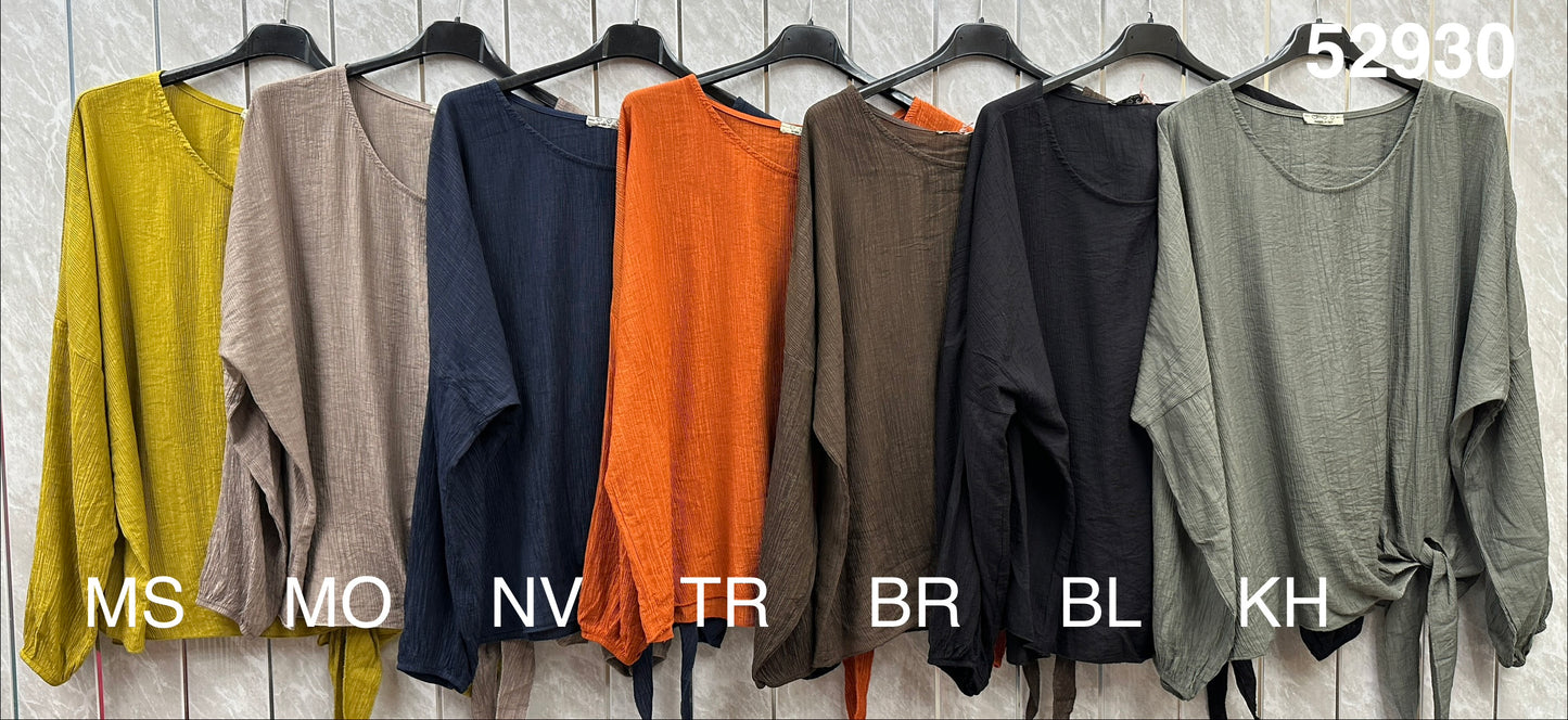 CRINKLE SIDE TIE BALLOON SLEEVE TOP