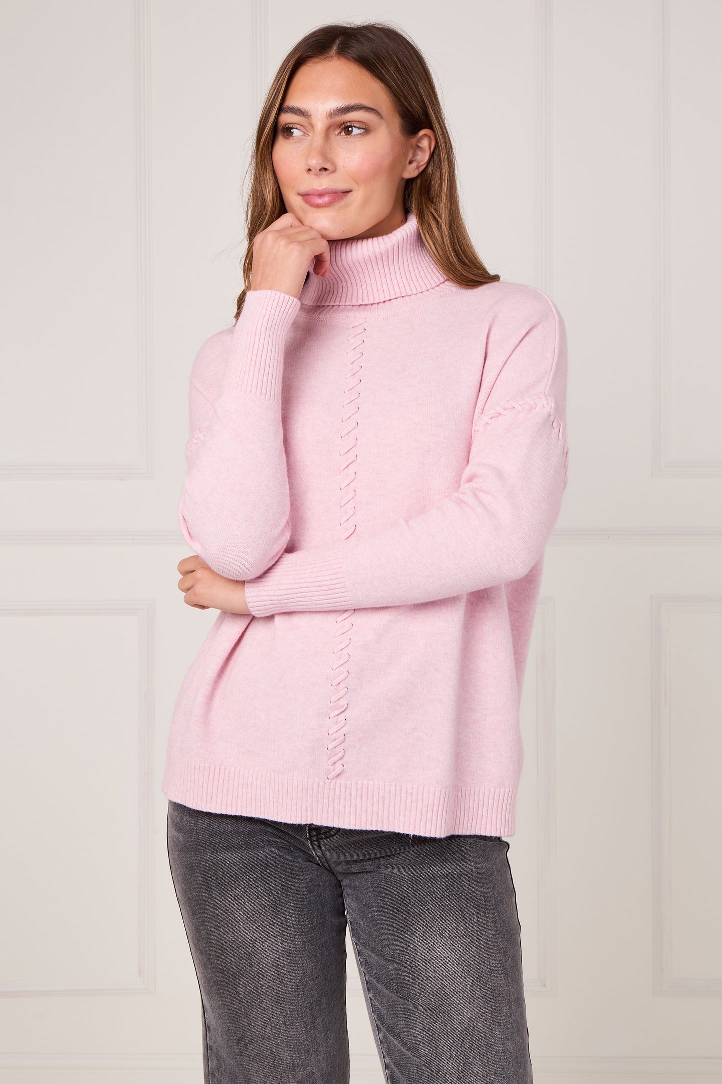 RIBBED HEM POLO NECK CABLE JUMPER