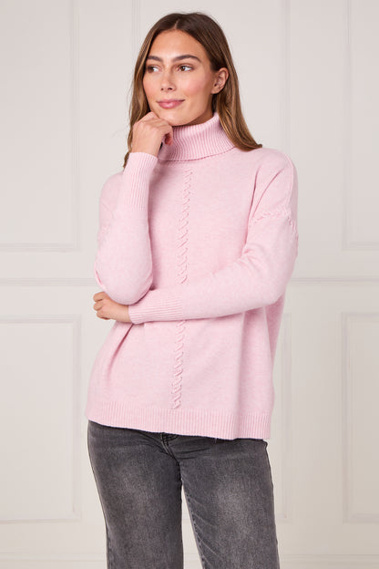 RIBBED HEM POLO NECK CABLE JUMPER