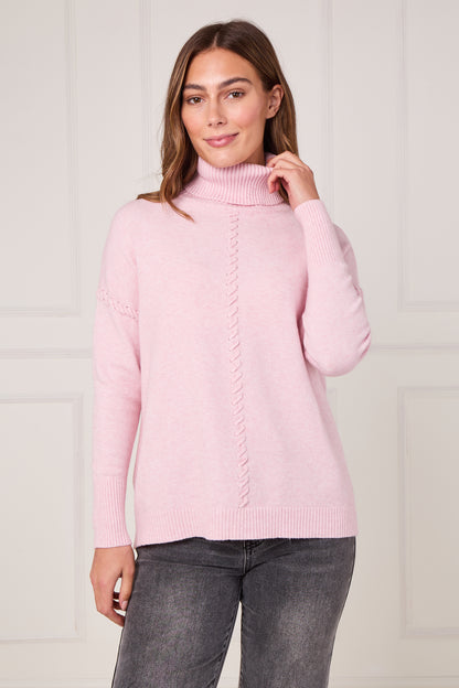 RIBBED HEM POLO NECK CABLE JUMPER