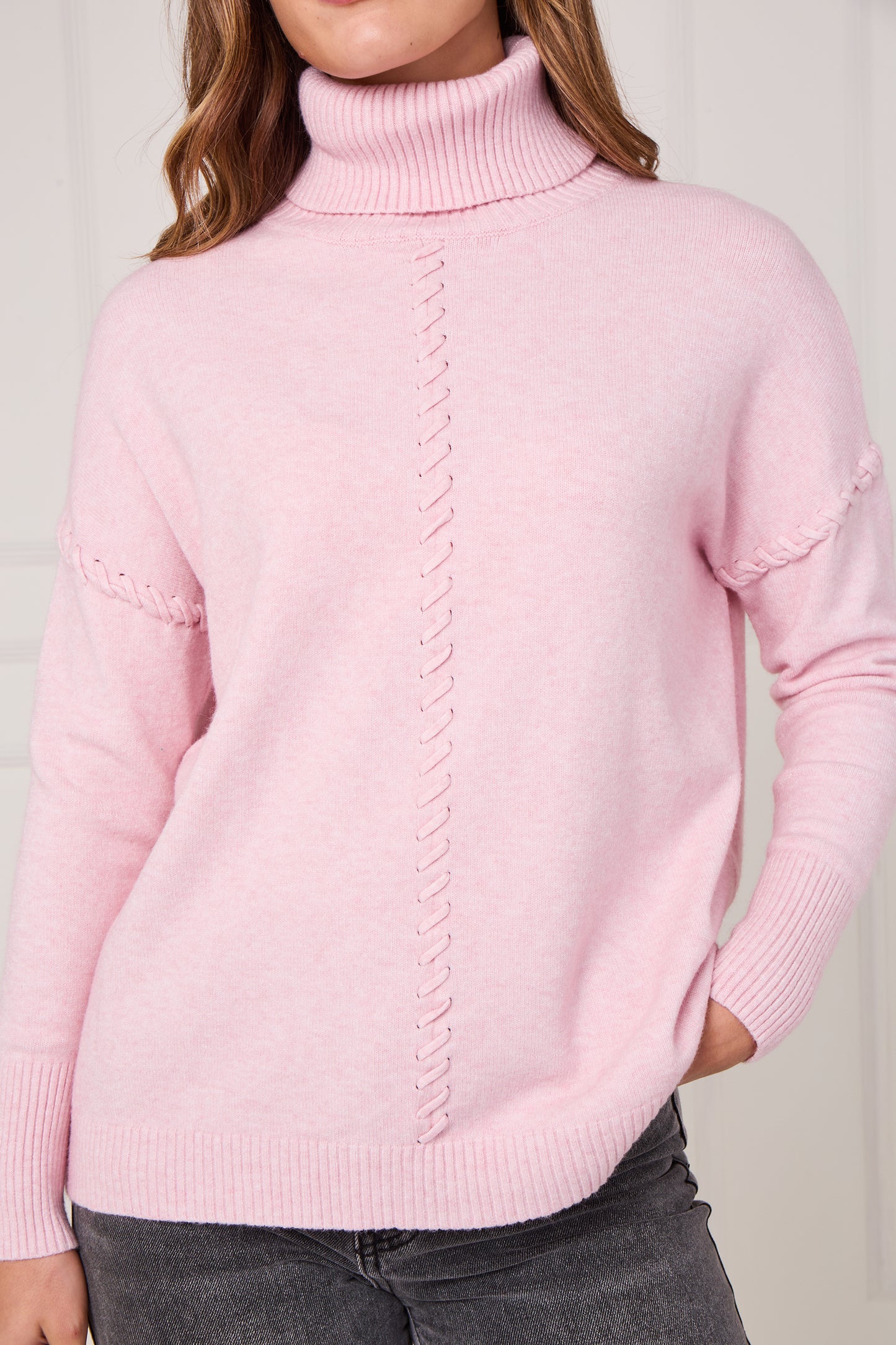 RIBBED HEM POLO NECK CABLE JUMPER