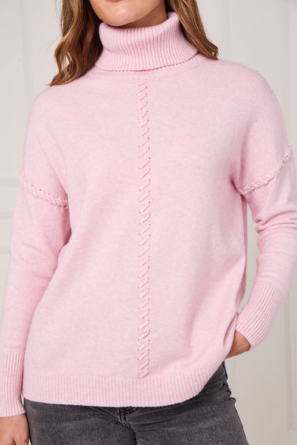 RIBBED HEM POLO NECK CABLE JUMPER