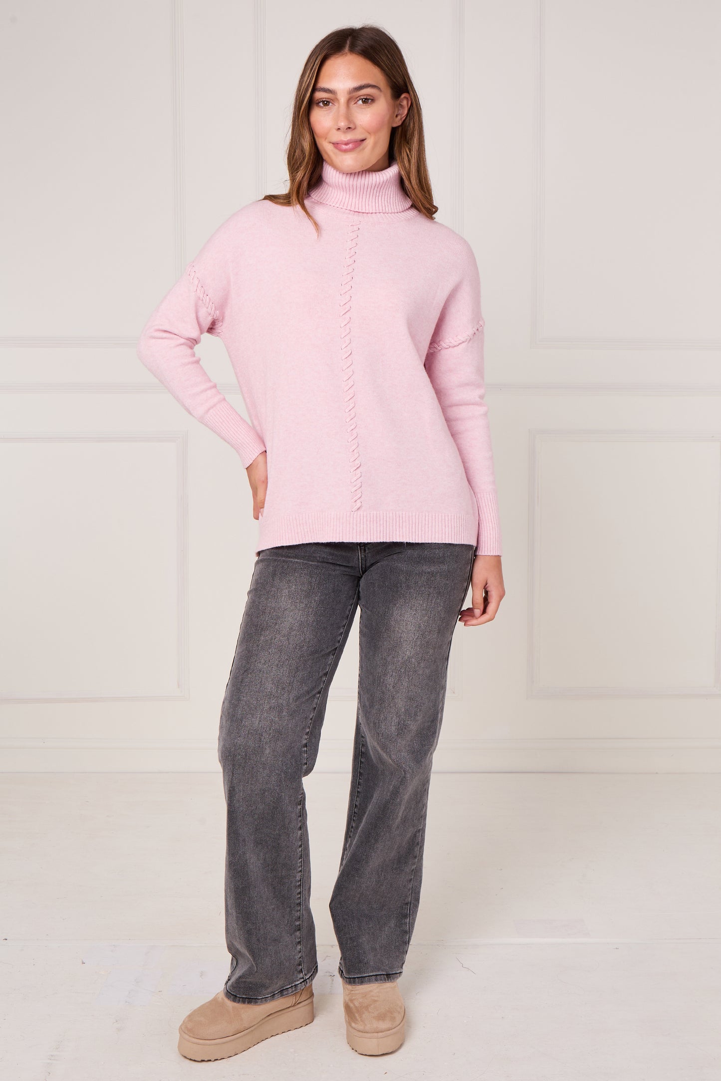 RIBBED HEM POLO NECK CABLE JUMPER
