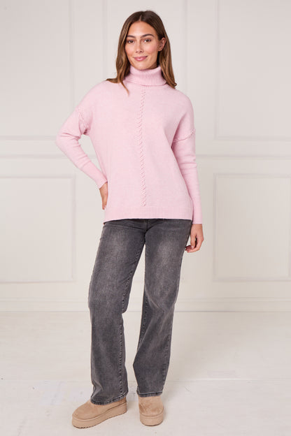 RIBBED HEM POLO NECK CABLE JUMPER
