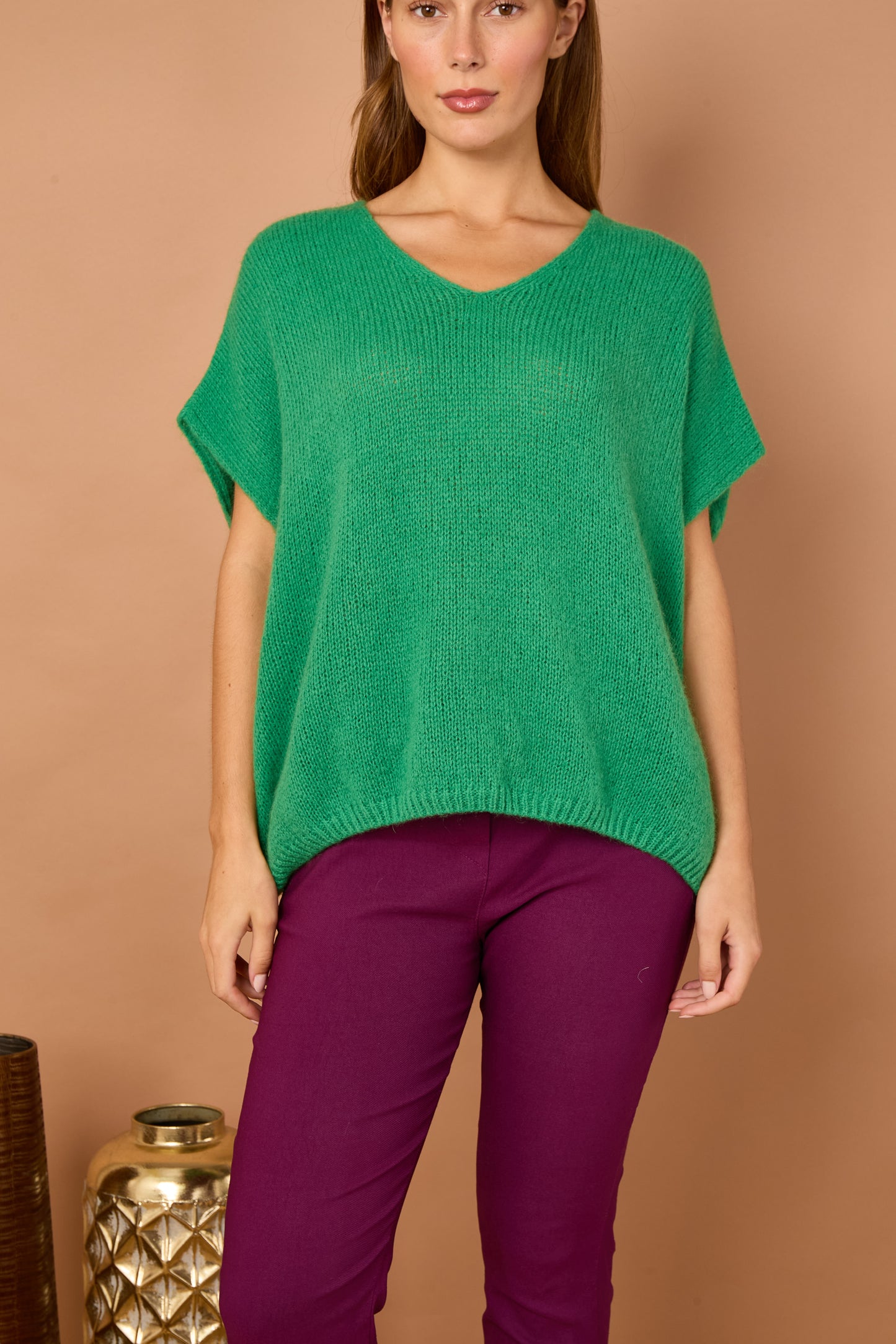 V-NECK SHORT SLEEVE MOHAIR JUMPER