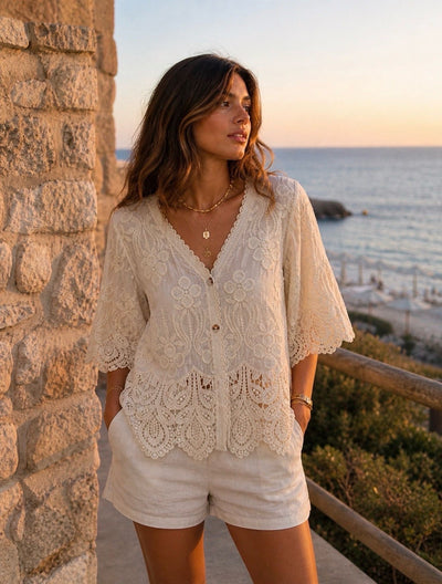 BUTTON THROUGH EMBROIDERED TOP WITH LACE BOTTOM