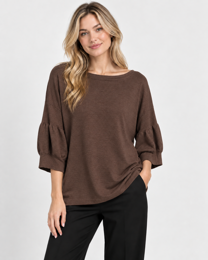 7135 Scoop Jumper with Puff Sleeves in Chocolate, front model view with black trousers