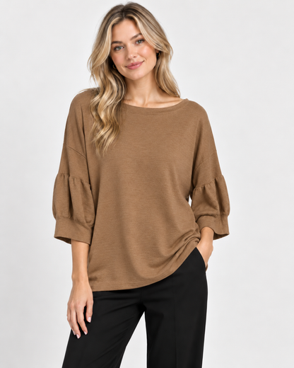 7135 Scoop Jumper with Puff Sleeves in Camel, front model view with black trousers