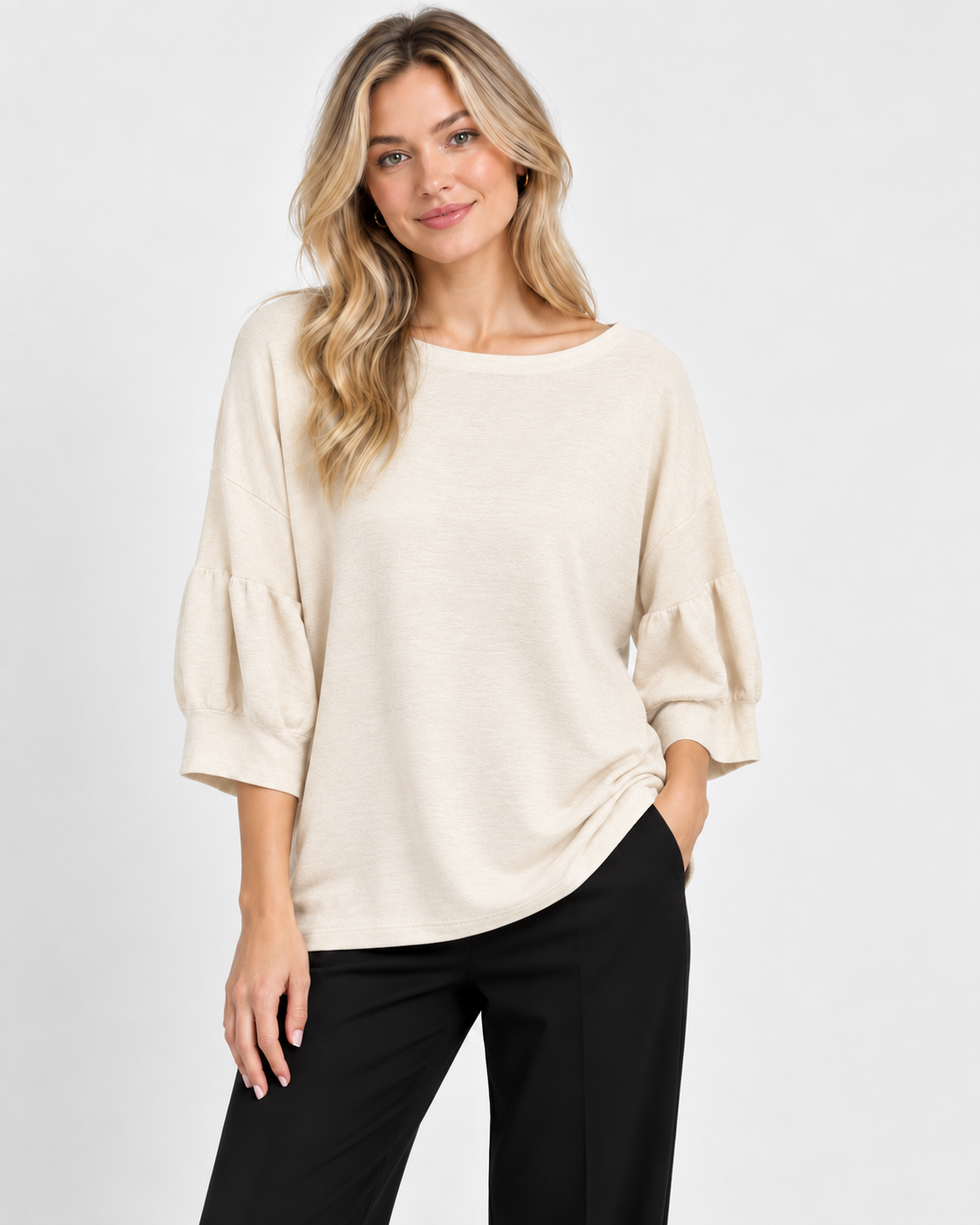7135 Scoop Jumper with Puff Sleeves in Cream, front model view with black trousers