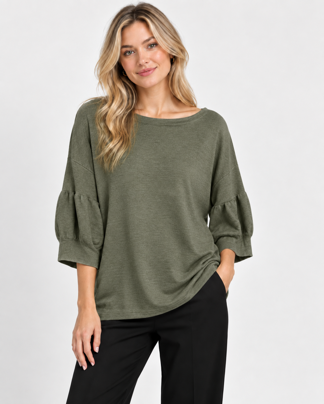 7135 Scoop Jumper with Puff Sleeves in Khaki, front model view with black trousers