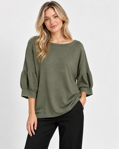 7135 Scoop Jumper with Puff Sleeves in Khaki, front model view with black trousers