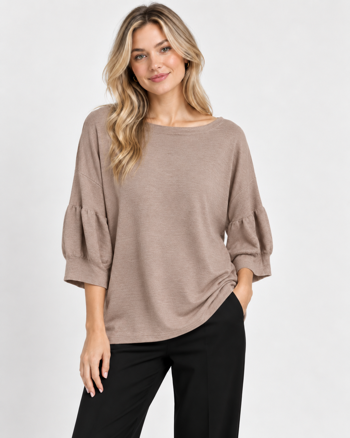 7135 Scoop Jumper with Puff Sleeves in Mocha, front model view with black trousers