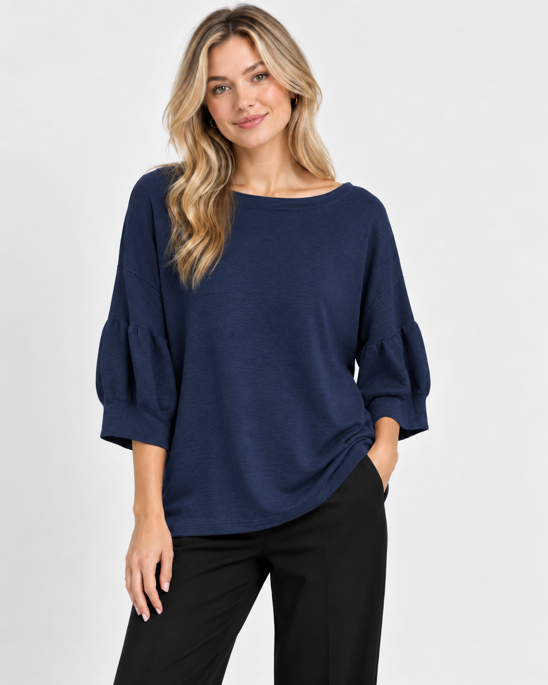 7135 Scoop Jumper with Puff Sleeves in Navy, front model view with black trousers