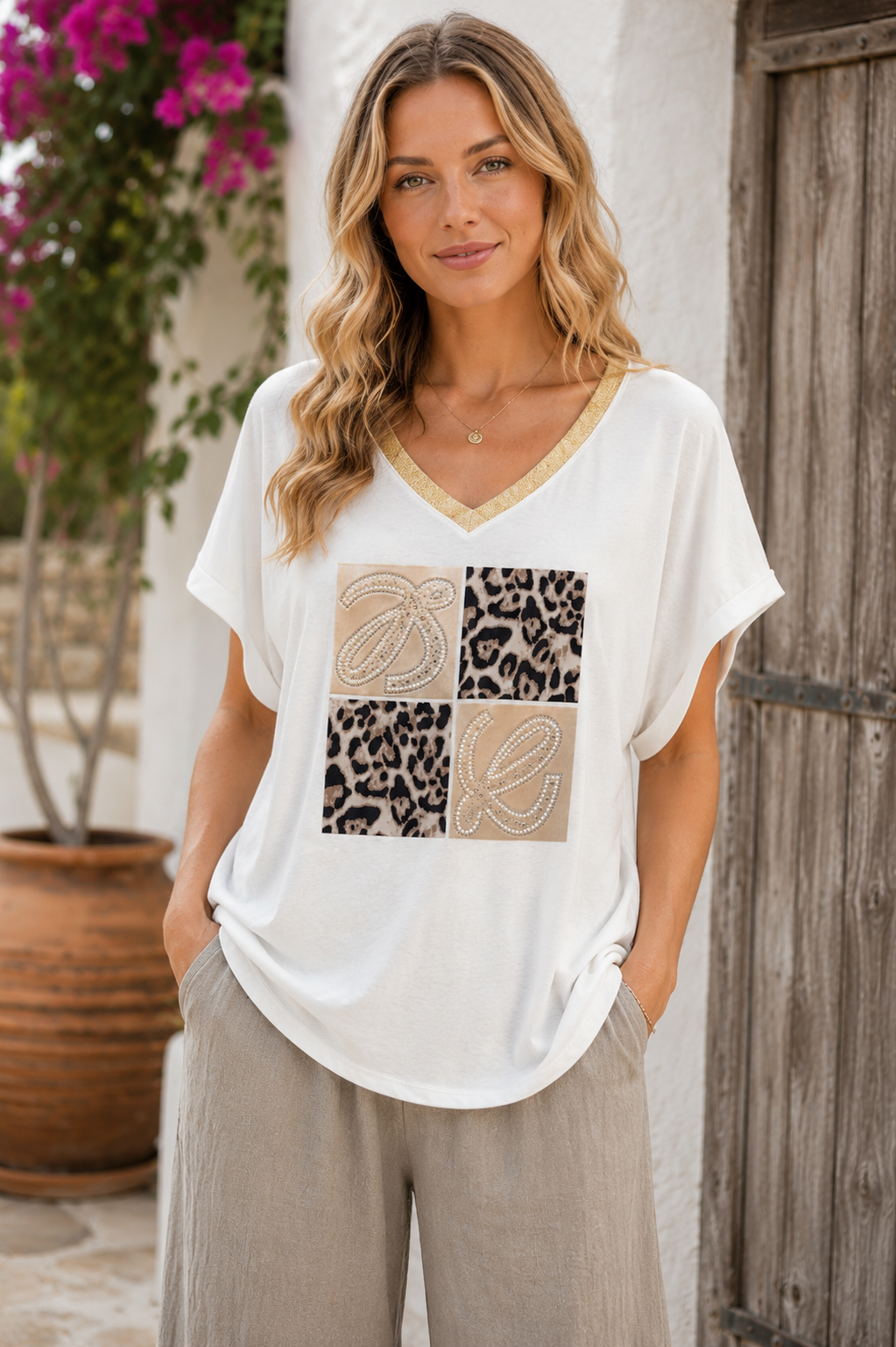 LEOPARD PRINT GOLD DETAIL V-NECK TOP