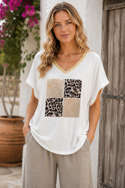 LEOPARD PRINT GOLD DETAIL V-NECK TOP