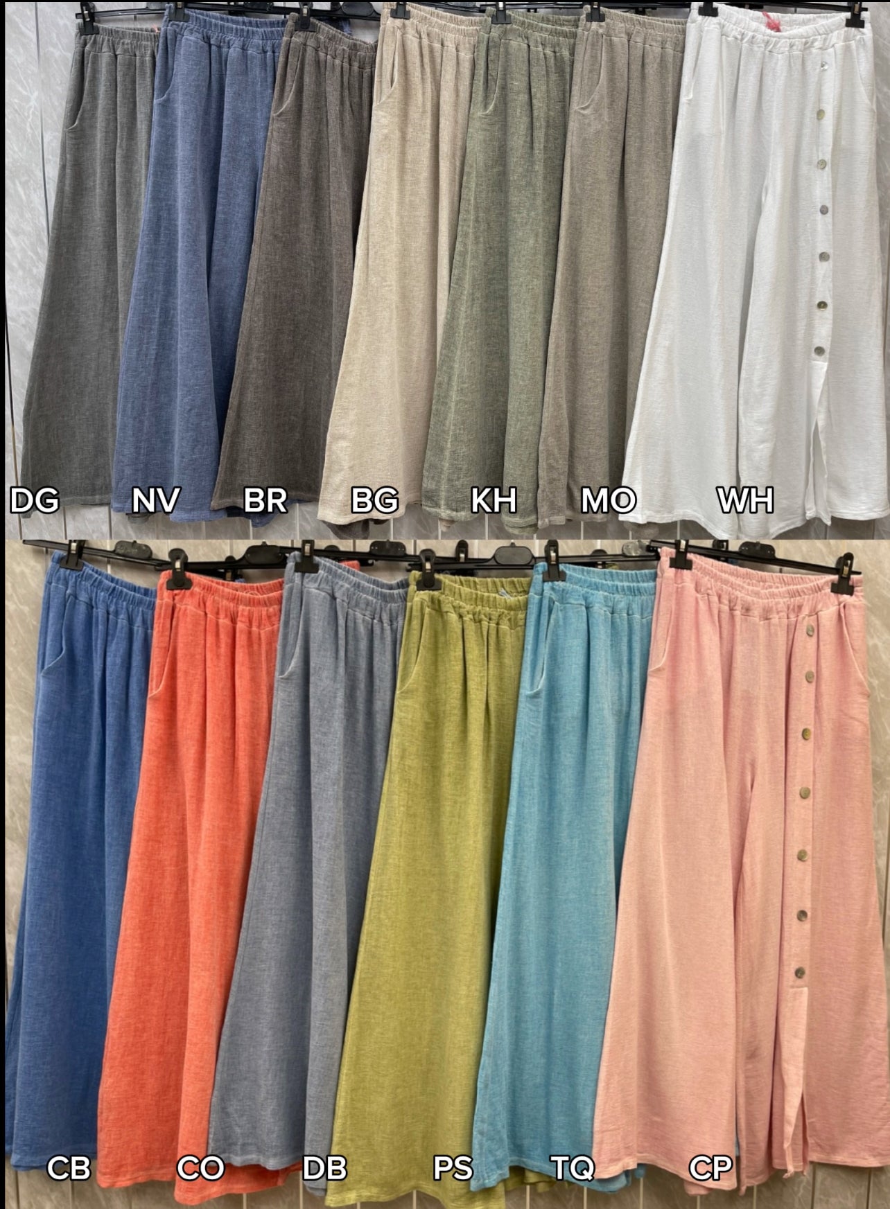 WASHED LINEN WIDE LEG SIDE BUTTON TROUSERS