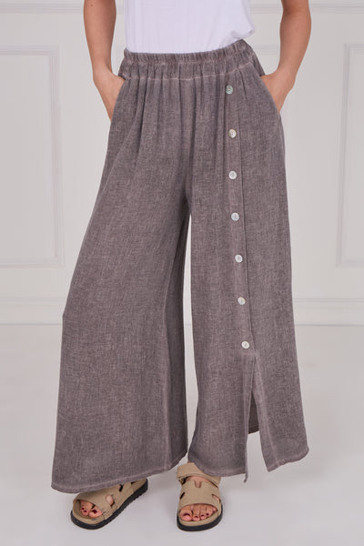 WASHED LINEN WIDE LEG SIDE BUTTON TROUSERS