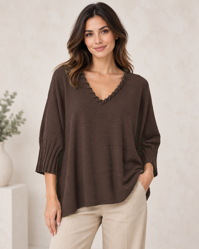 8037 Knit Detail V-Neck Half Sleeve Jumper in Chocolate, front model view