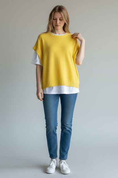 RIBBED EDGED CREW NECK CAPE SLEEVE JUMPER