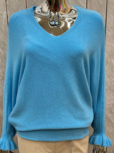 FRILL SLEEVE V-NECK BATWING JUMPER