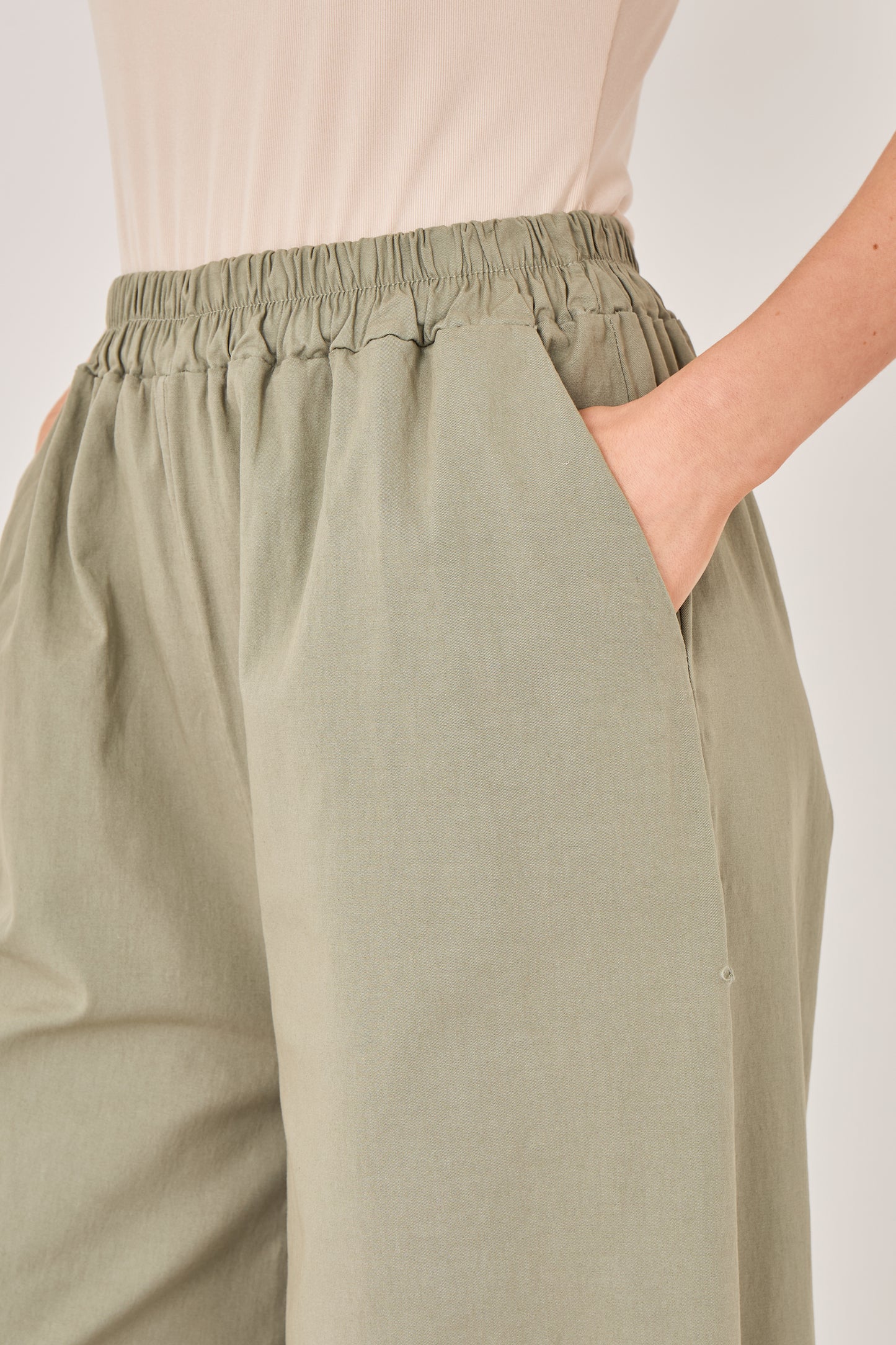 ELASTICATED WAIST BARREL WIDE LEG TROUSERS