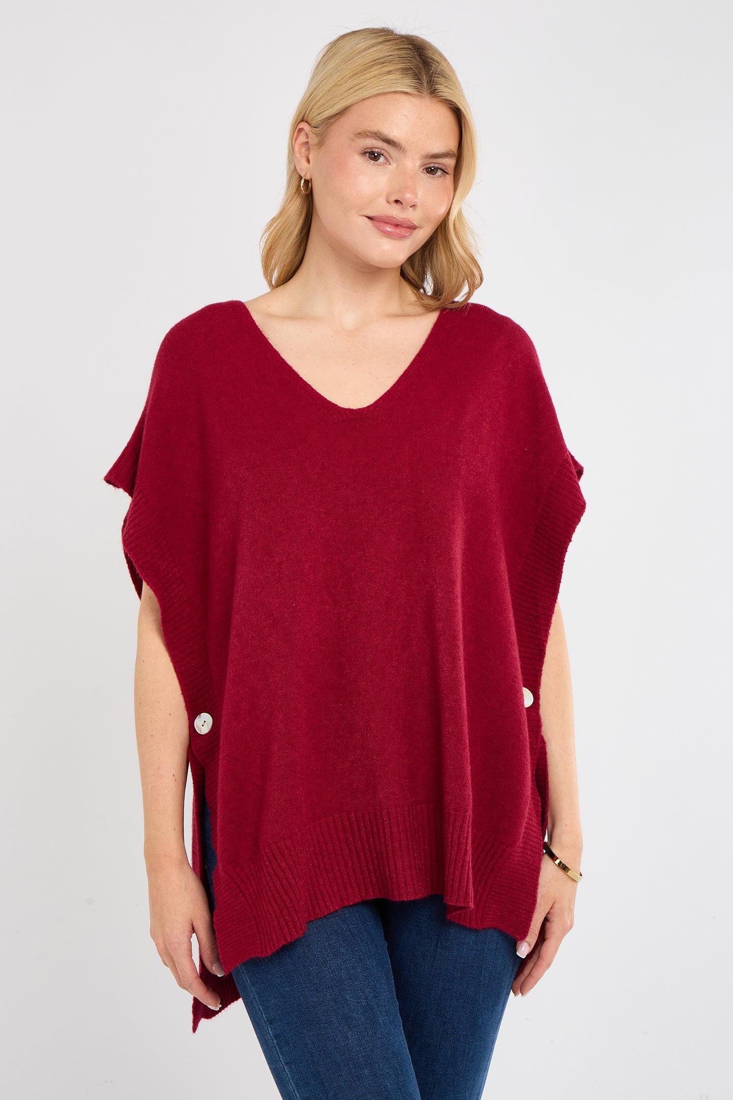 Side Button V-Neck Ribbed Edge Cape