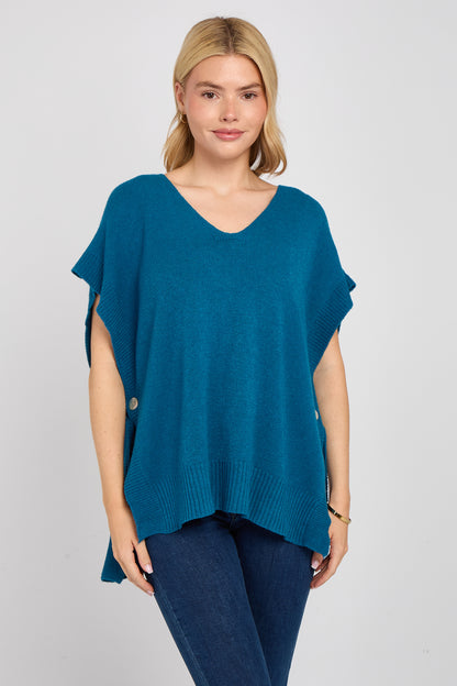Side Button V-Neck Ribbed Edge Cape