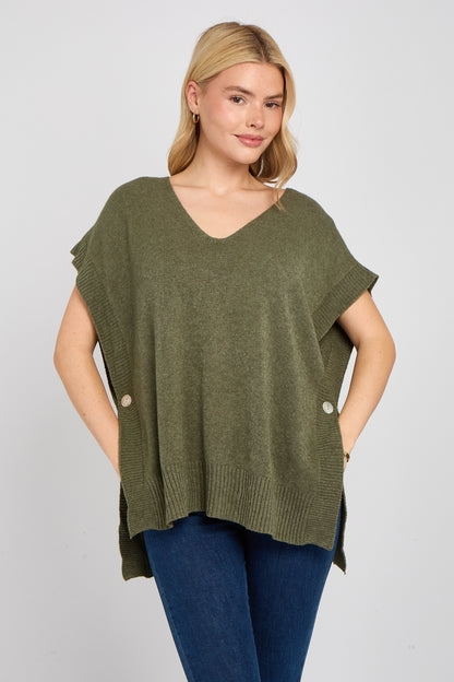 Side Button V-Neck Ribbed Edge Cape