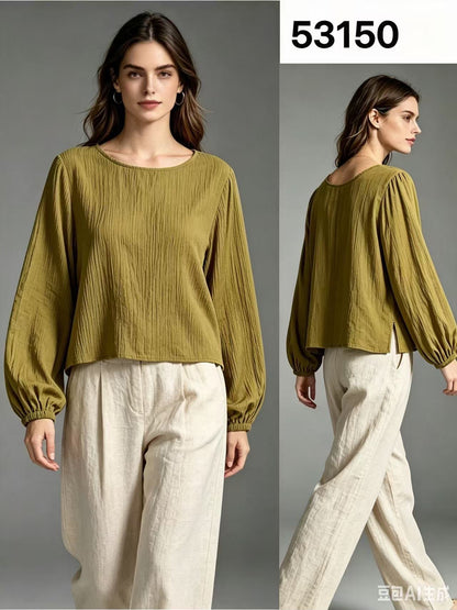 CRINKLE SIDE TIE BALLOON SLEEVE TOP