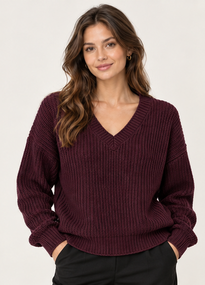 9558 V-Neck Textured Jumper in Bordeaux, front model view