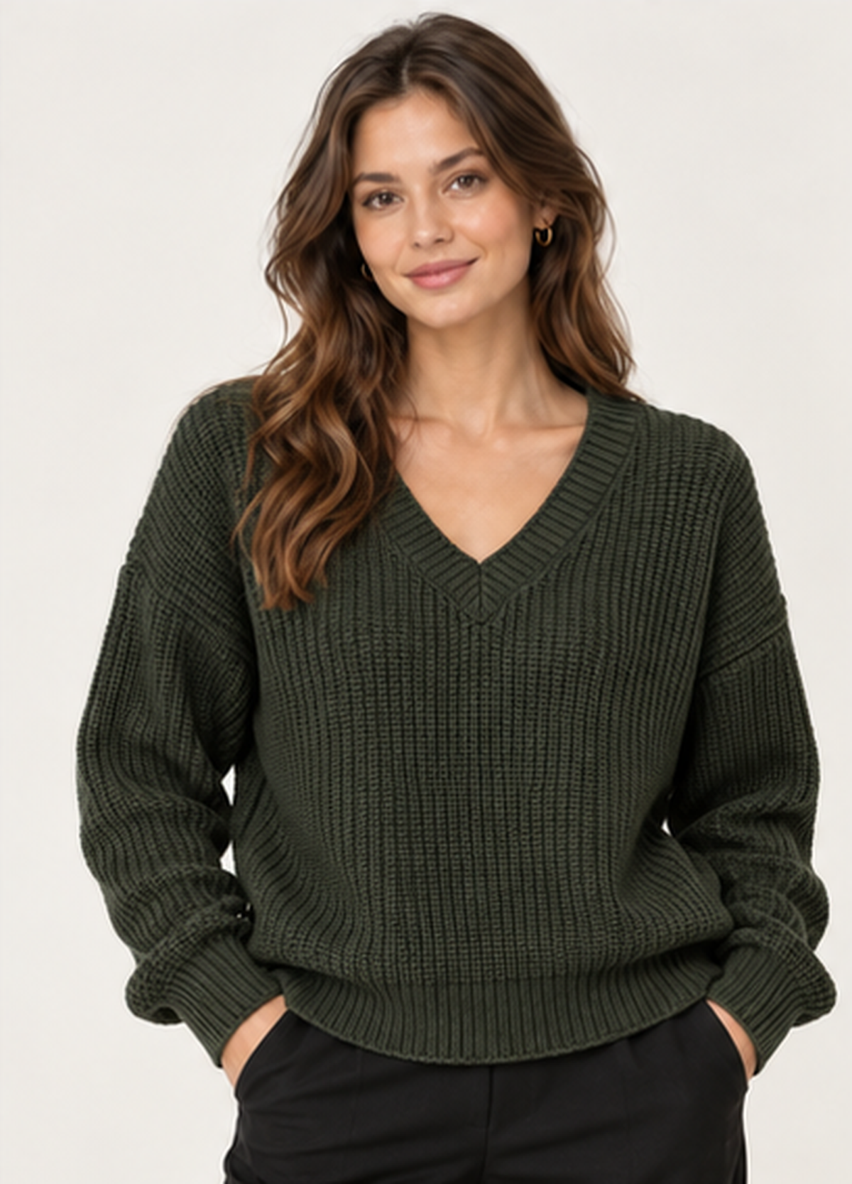 9558 V-Neck Textured Jumper in Khaki, front model view