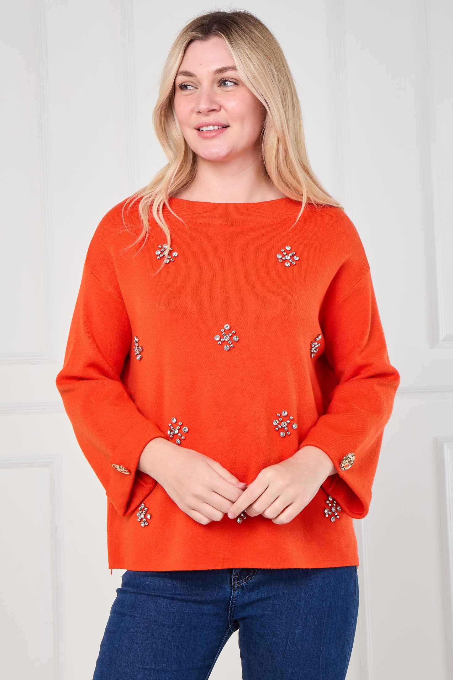 DIAMOND EMBELLISHED FLOWER DETAILS FOLDED SLEEVE JUMPER