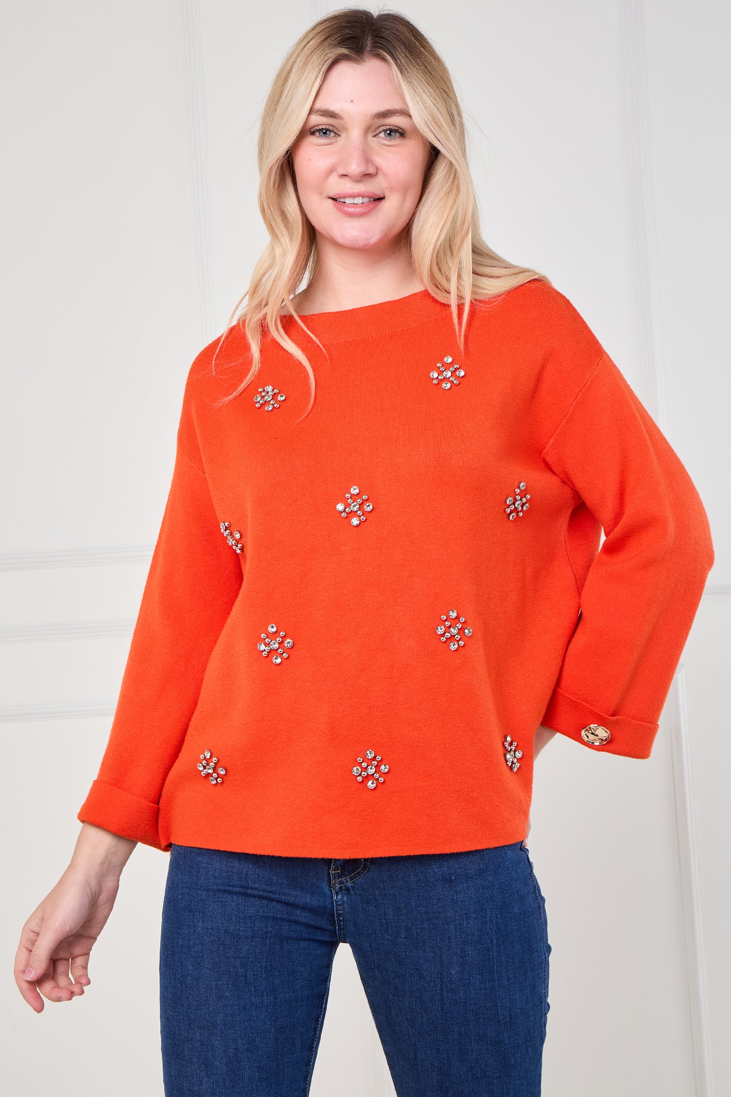 DIAMOND EMBELLISHED FLOWER DETAILS FOLDED SLEEVE JUMPER