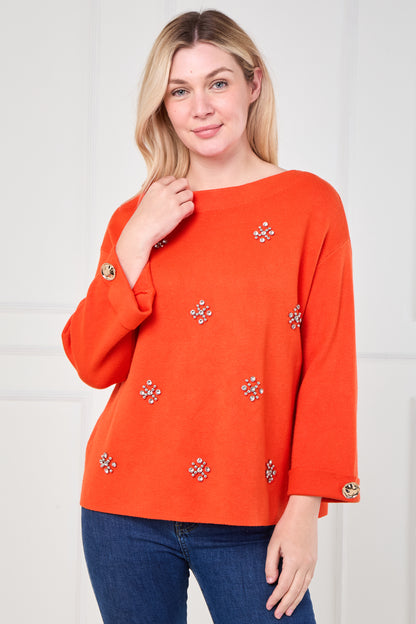 DIAMOND EMBELLISHED FLOWER DETAILS FOLDED SLEEVE JUMPER