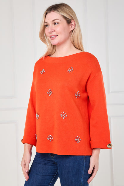 DIAMOND EMBELLISHED FLOWER DETAILS FOLDED SLEEVE JUMPER
