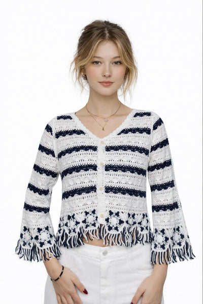 STRIPE V-NECK BUTTONS CROCHET TOP