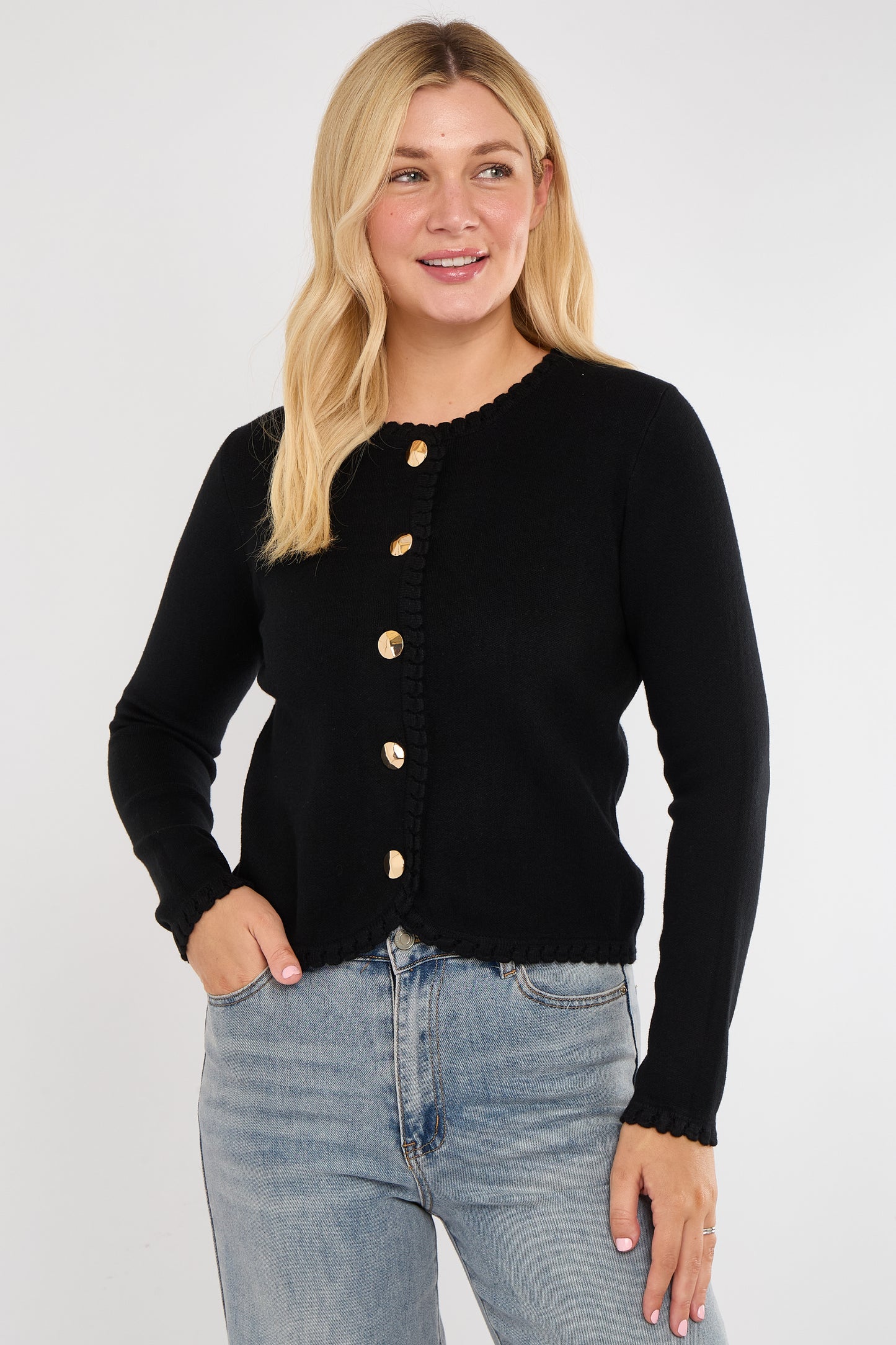BLANKET STITCH GOLD BUTTONED CARDIGAN