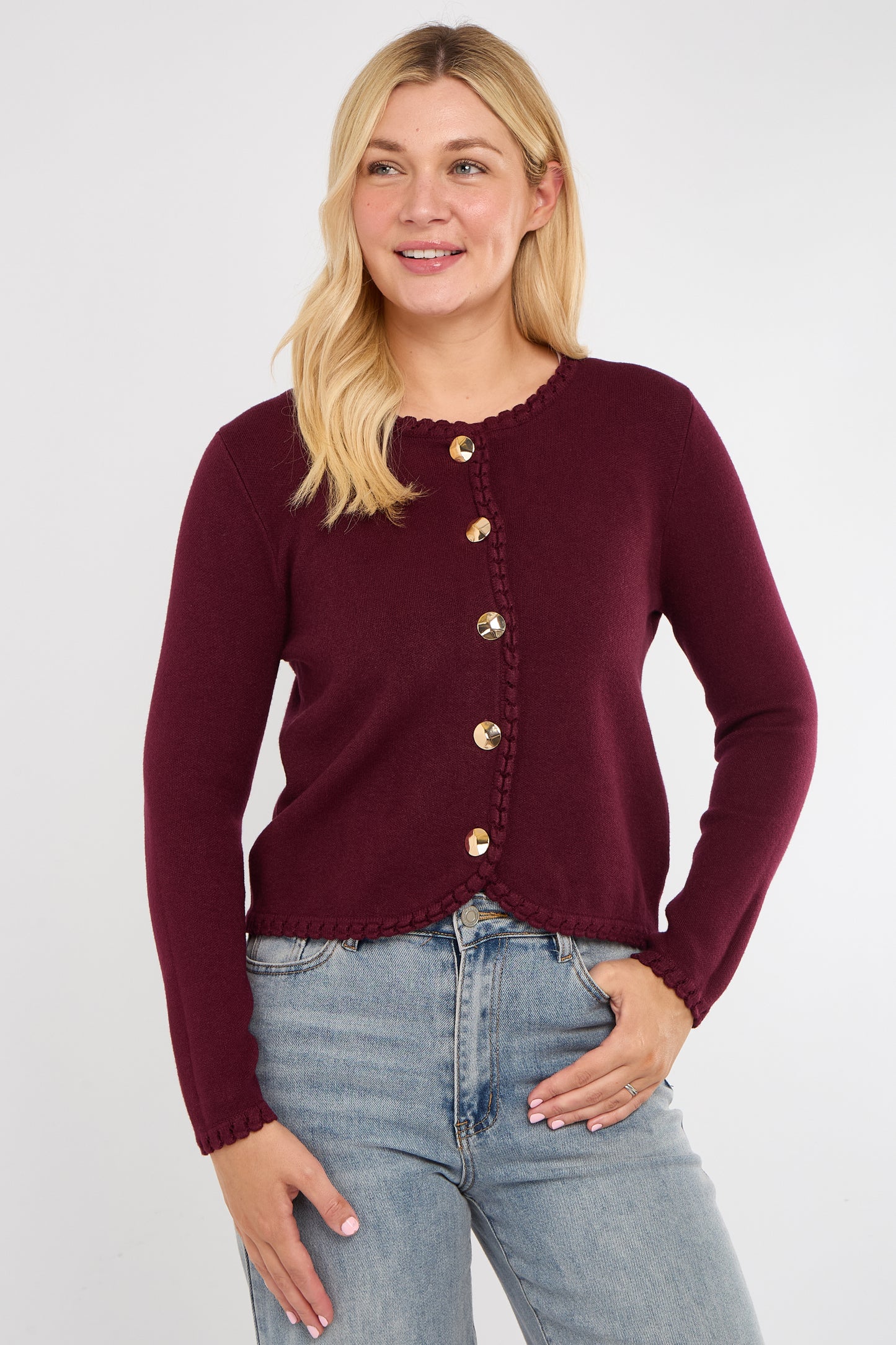 BLANKET STITCH GOLD BUTTONED CARDIGAN
