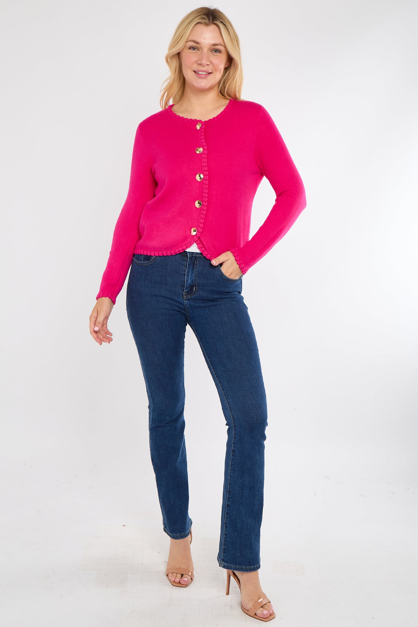 BLANKET STITCH GOLD BUTTONED CARDIGAN