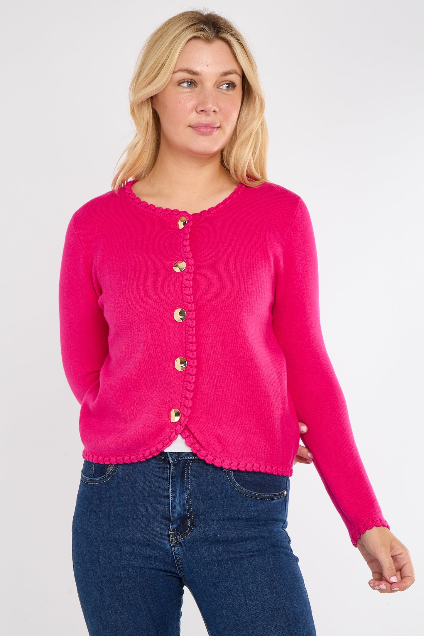 BLANKET STITCH GOLD BUTTONED CARDIGAN
