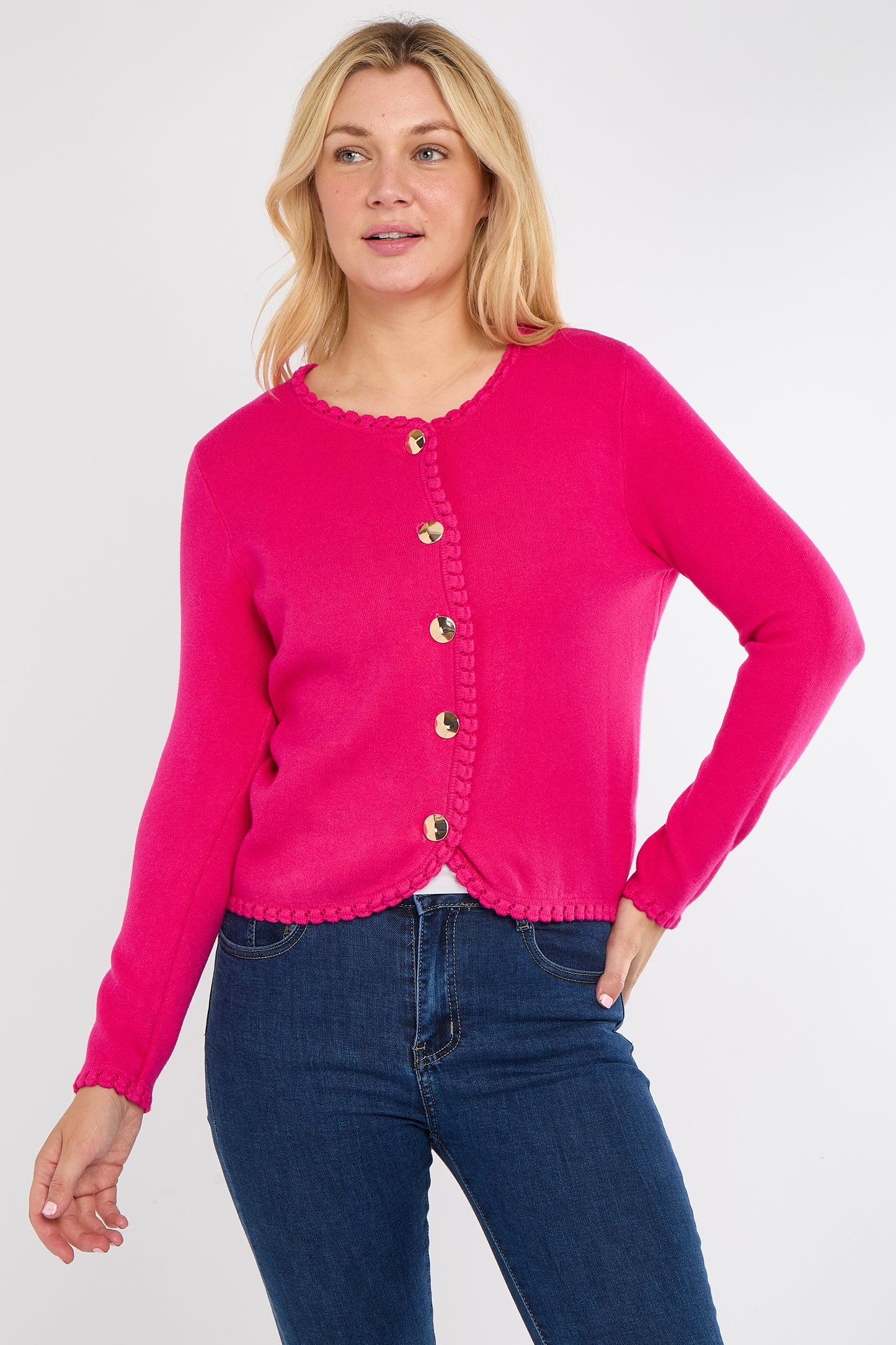 BLANKET STITCH GOLD BUTTONED CARDIGAN