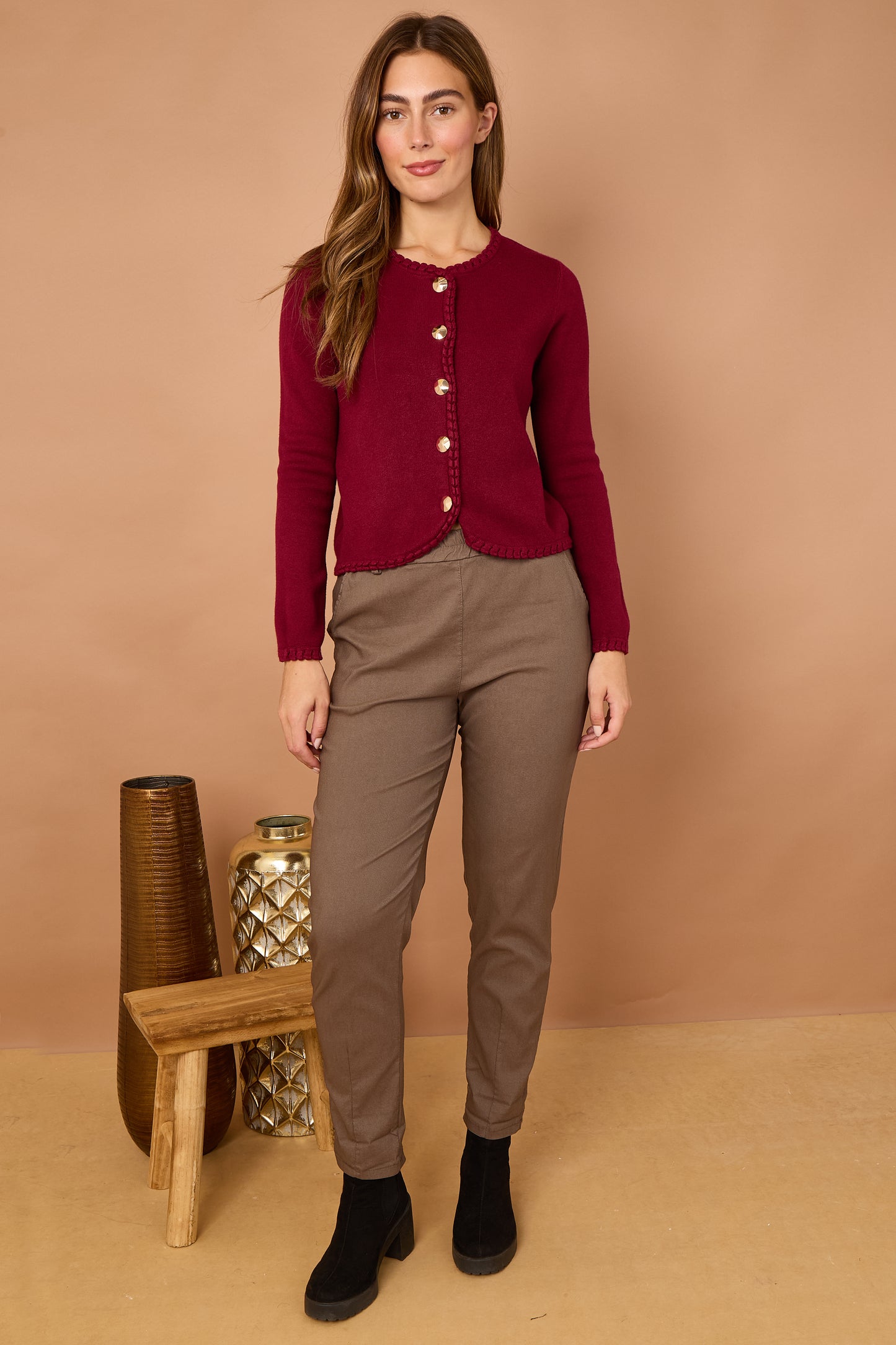 BLANKET STITCH GOLD BUTTONED CARDIGAN