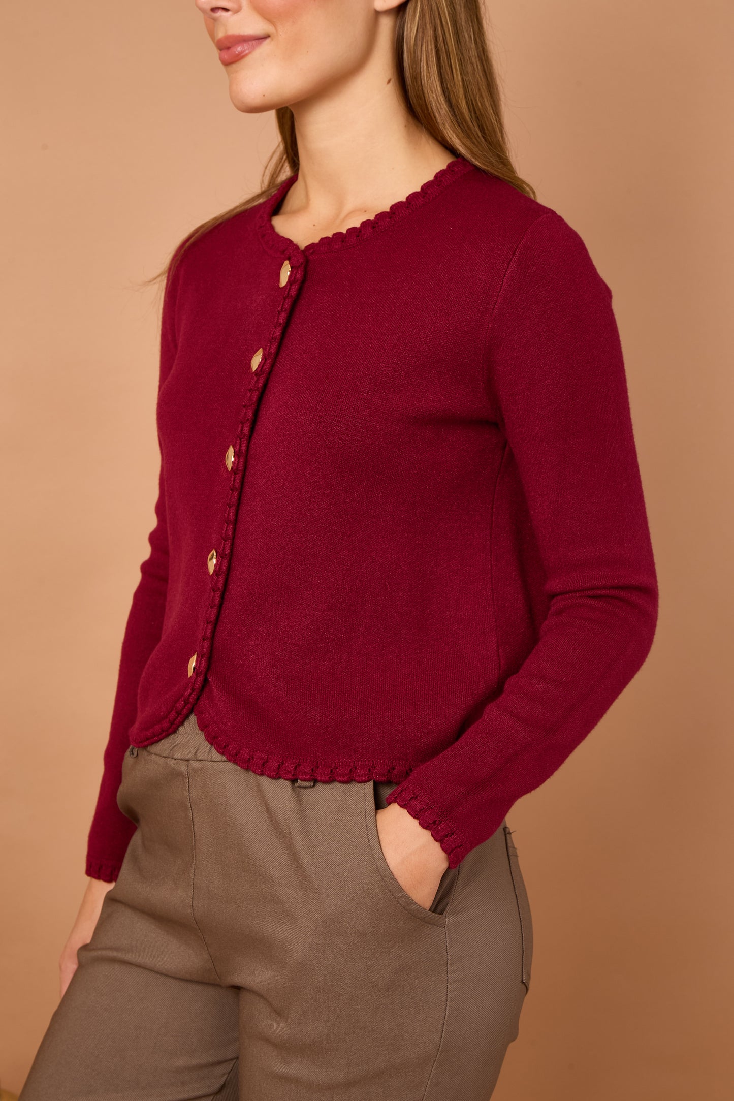 BLANKET STITCH GOLD BUTTONED CARDIGAN